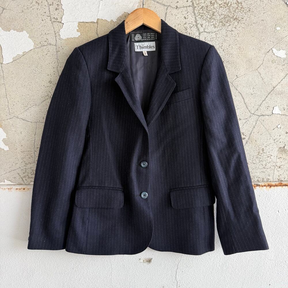 Vtg Pinstripe Blazer 100% Wool Navy Jacket Classic Old Money Thimbles Womens 8‎